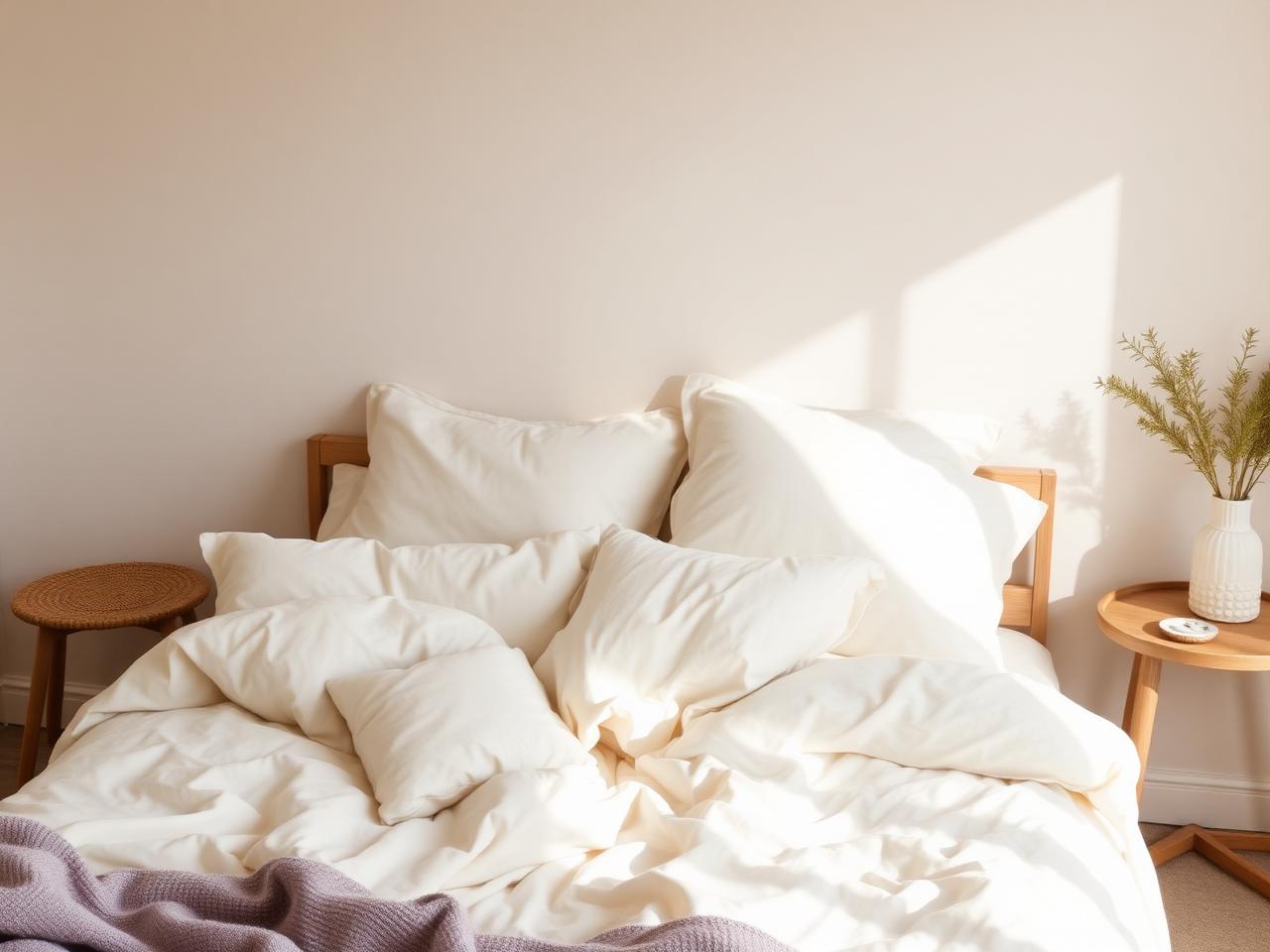 Cozy cream bedroom with soft linens and morning light